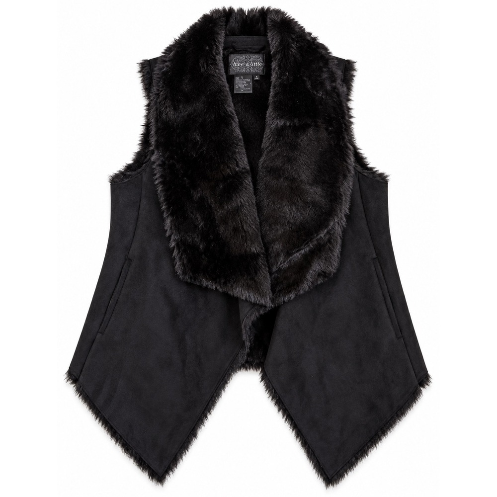Live A Little Black Faux Fur Waterfall Vest Size Small Asymmetrical Boho Luxe